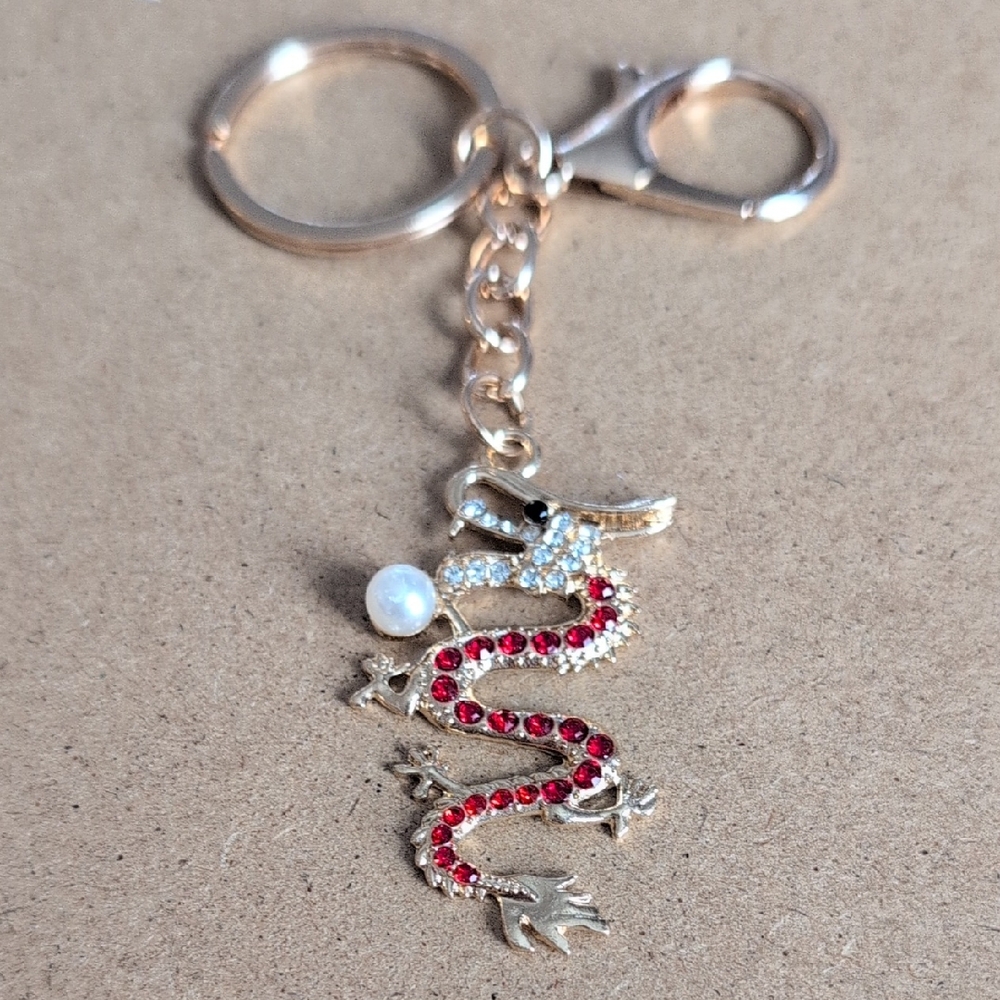 Gold-tone Dragon Keychain with Red Rhinestones